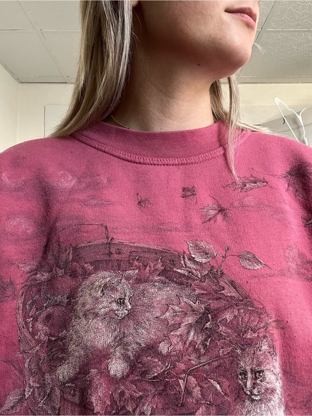 Vintage Pink Crewneck Sweater with Cat Graphic